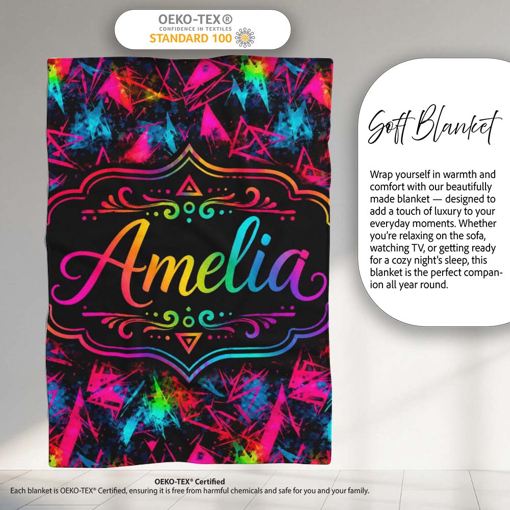 Colorful Neon Triangle Graffiti Abstract Seamless Pattern Lovely Personalised Custom Name Super Soft Fleece Blanket Bed Sofa Throw