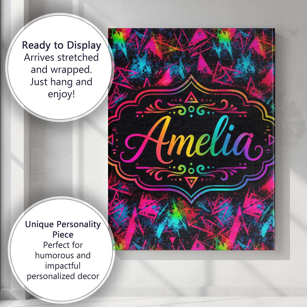 Personalised Name Colorful Neon Triangle Custom Unique Gift Idea Elegant Feature Canvas Wall Art Print Decor Picture Ready to Hang