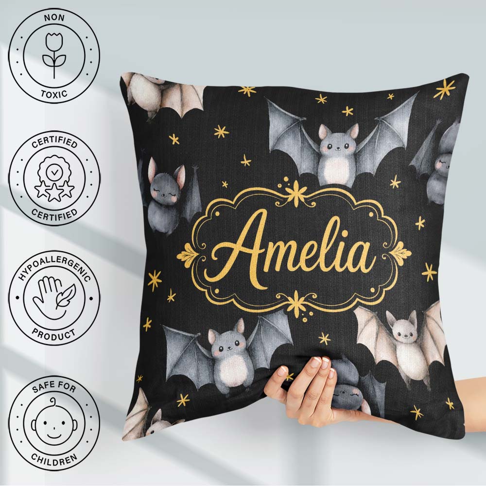 Custom Name Cute Bats and Stars Seamless Halloween Pattern Black Square Filled Cushion Throw Pillow Sofa Bed Home Decor Zip Washable UK Made