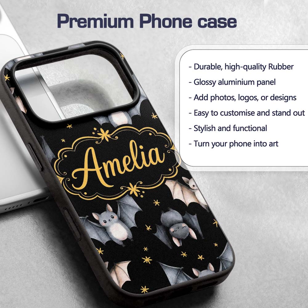 Cute Watercolor Bats and Stars Seamless Halloween Custom Name Protective Phone Case Mobile Cover Durable Everyday Smartphone Shock Resistant