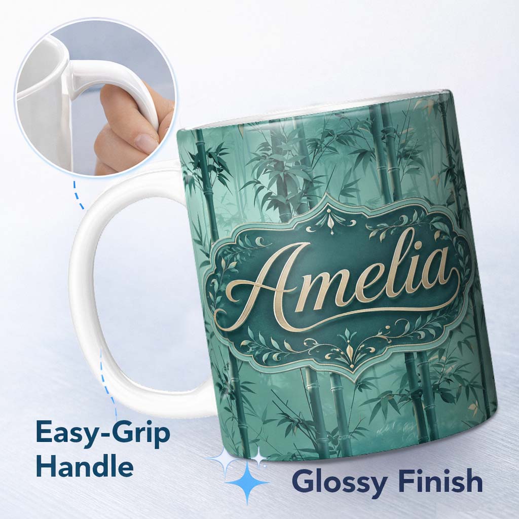 Personalized Custom Name Elegant Bamboo Stalks and Leaves Pattern Calm Green Botanical Lovely 11oz Ceramic Coffee Tea Mug White Large Handle