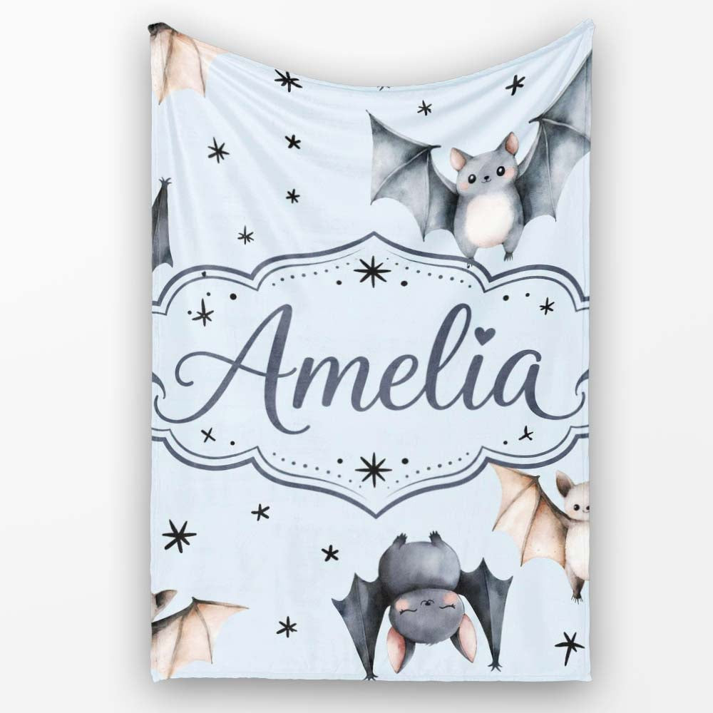 Cute Watercolor Bats and Stars Seamless Pattern Soft Blue Background Personalised Custom Name Super Soft Fleece Blanket Bed Sofa Throw