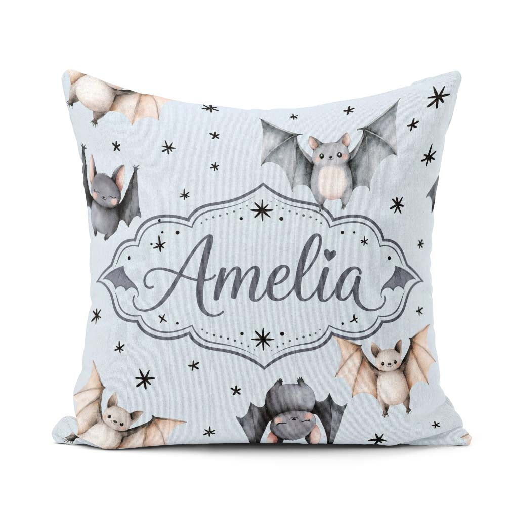 Custom Name Watercolor Bats and Stars Seamless Pattern Soft Blue Square Filled Cushion Throw Pillow Sofa Bed Home Decor Zip Washable UK Made