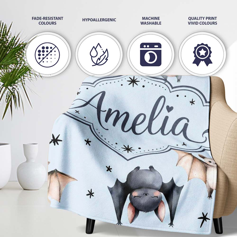 Cute Watercolor Bats and Stars Seamless Pattern Soft Blue Background Personalised Custom Name Super Soft Fleece Blanket Bed Sofa Throw