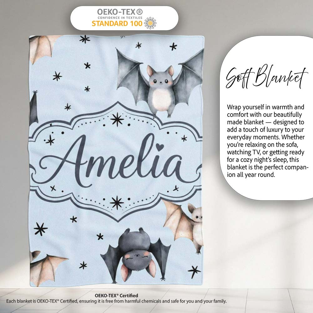 Cute Watercolor Bats and Stars Seamless Pattern Soft Blue Background Personalised Custom Name Super Soft Fleece Blanket Bed Sofa Throw
