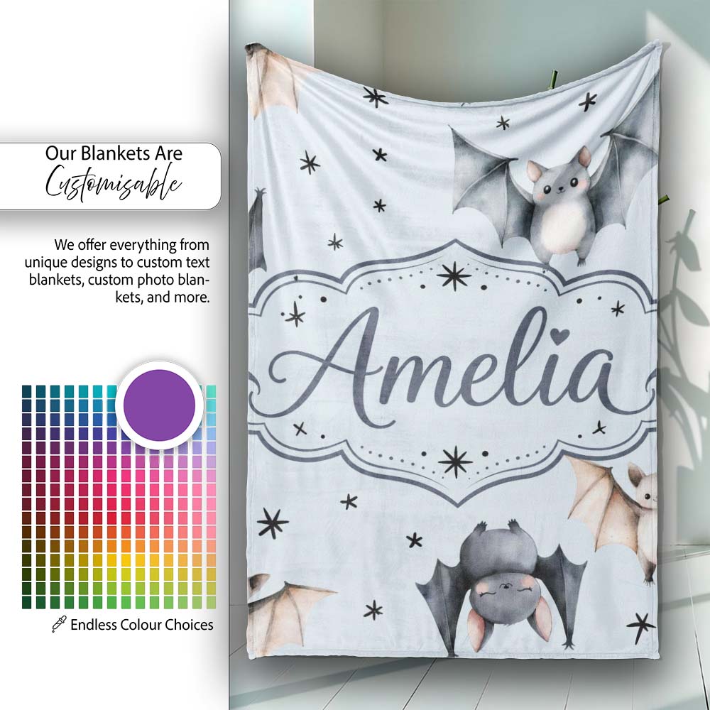 Cute Watercolor Bats and Stars Seamless Pattern Soft Blue Background Personalised Custom Name Super Soft Fleece Blanket Bed Sofa Throw