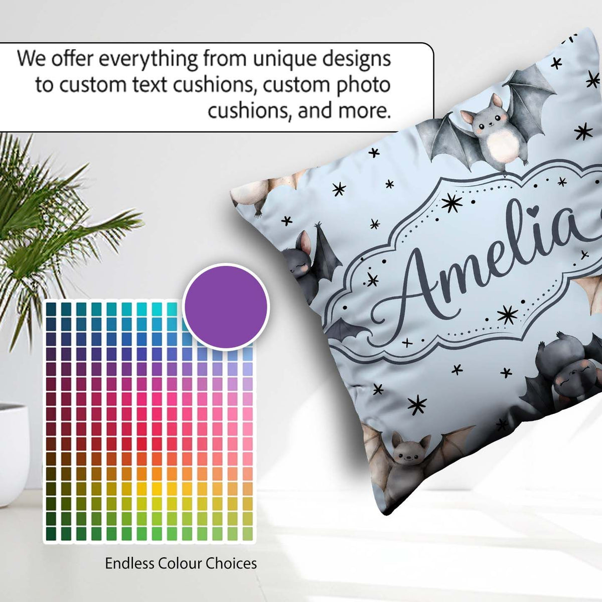 Custom Name Watercolor Bats and Stars Seamless Pattern Soft Blue Square Filled Cushion Throw Pillow Sofa Bed Home Decor Zip Washable UK Made