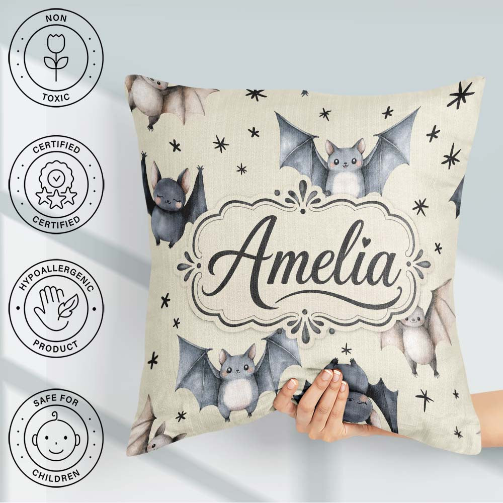 Custom Name Watercolor Bats and Stars Seamless Beige Background Square Filled Cushion Throw Pillow Sofa Bed Home Decor Zip Washable UK Made