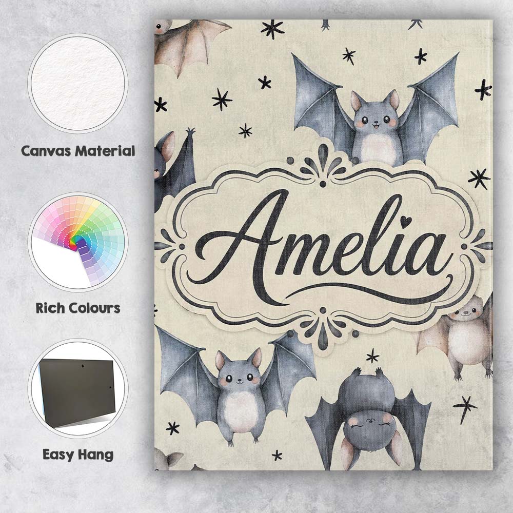 Personalised Name Cute Watercolor Bats and Custom Unique Gift Idea Elegant Feature Canvas Wall Art Print Decor Picture Ready to Hang