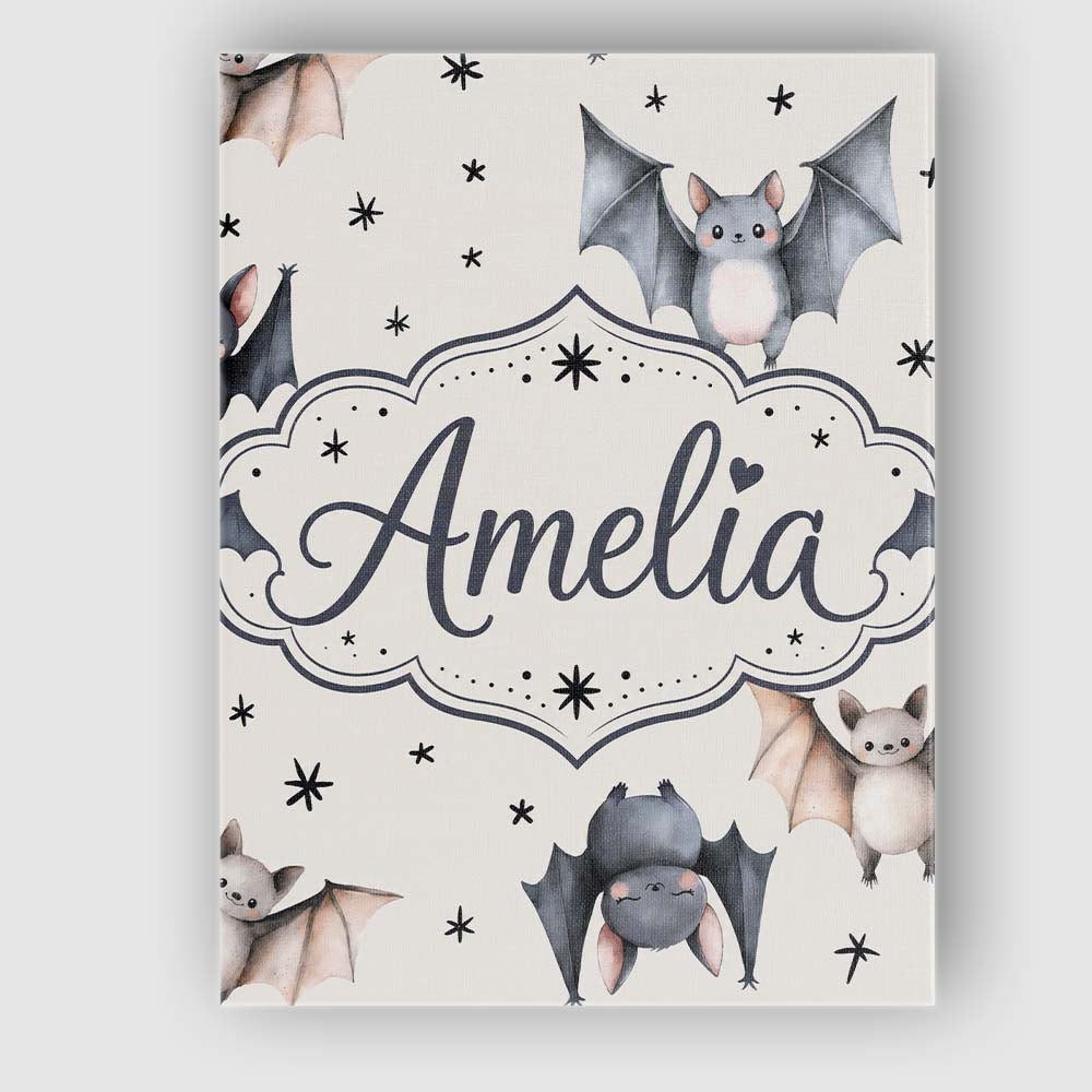 Personalised Name Cute Watercolor Bats and Custom Unique Gift Idea Elegant Feature Canvas Wall Art Print Decor Picture Ready to Hang