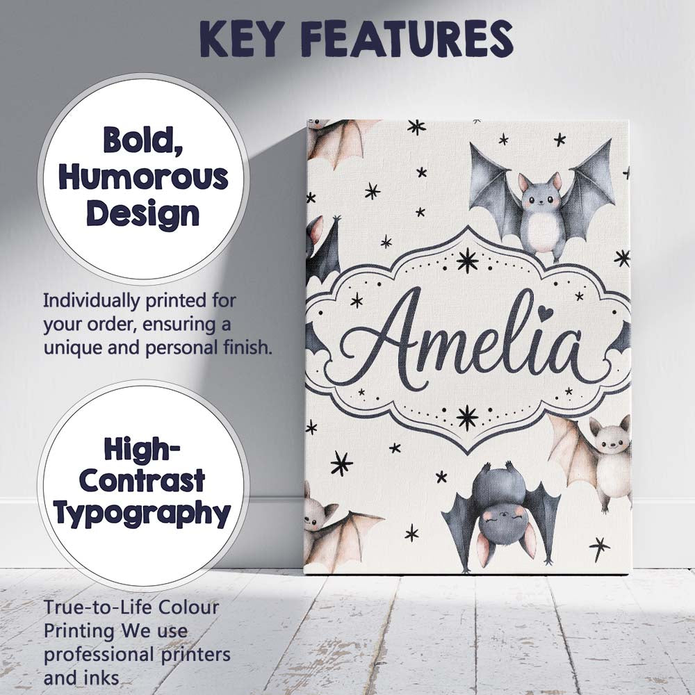 Personalised Name Cute Watercolor Bats and Custom Unique Gift Idea Elegant Feature Canvas Wall Art Print Decor Picture Ready to Hang