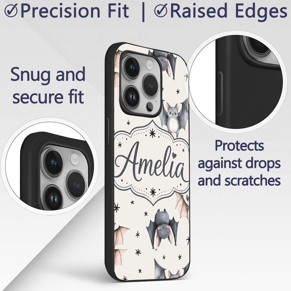 Cute Watercolor Bats and Stars Seamless Pattern Custom Name Protective Phone Case Mobile Cover Durable Everyday Smartphone Shock Resistant