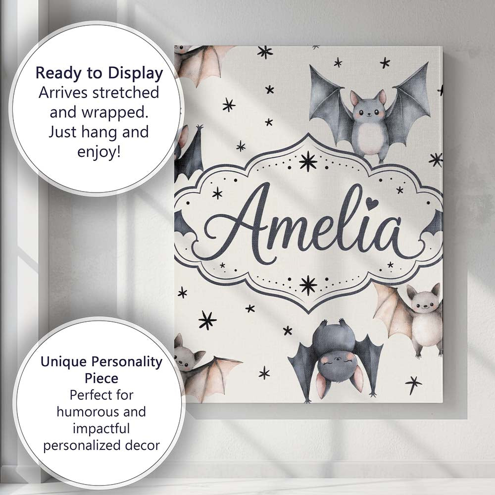 Personalised Name Cute Watercolor Bats and Custom Unique Gift Idea Elegant Feature Canvas Wall Art Print Decor Picture Ready to Hang