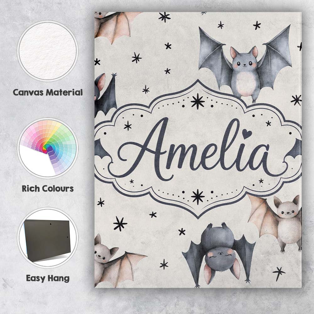 Personalised Name Cute Watercolor Bats and Custom Unique Gift Idea Elegant Feature Canvas Wall Art Print Decor Picture Ready to Hang