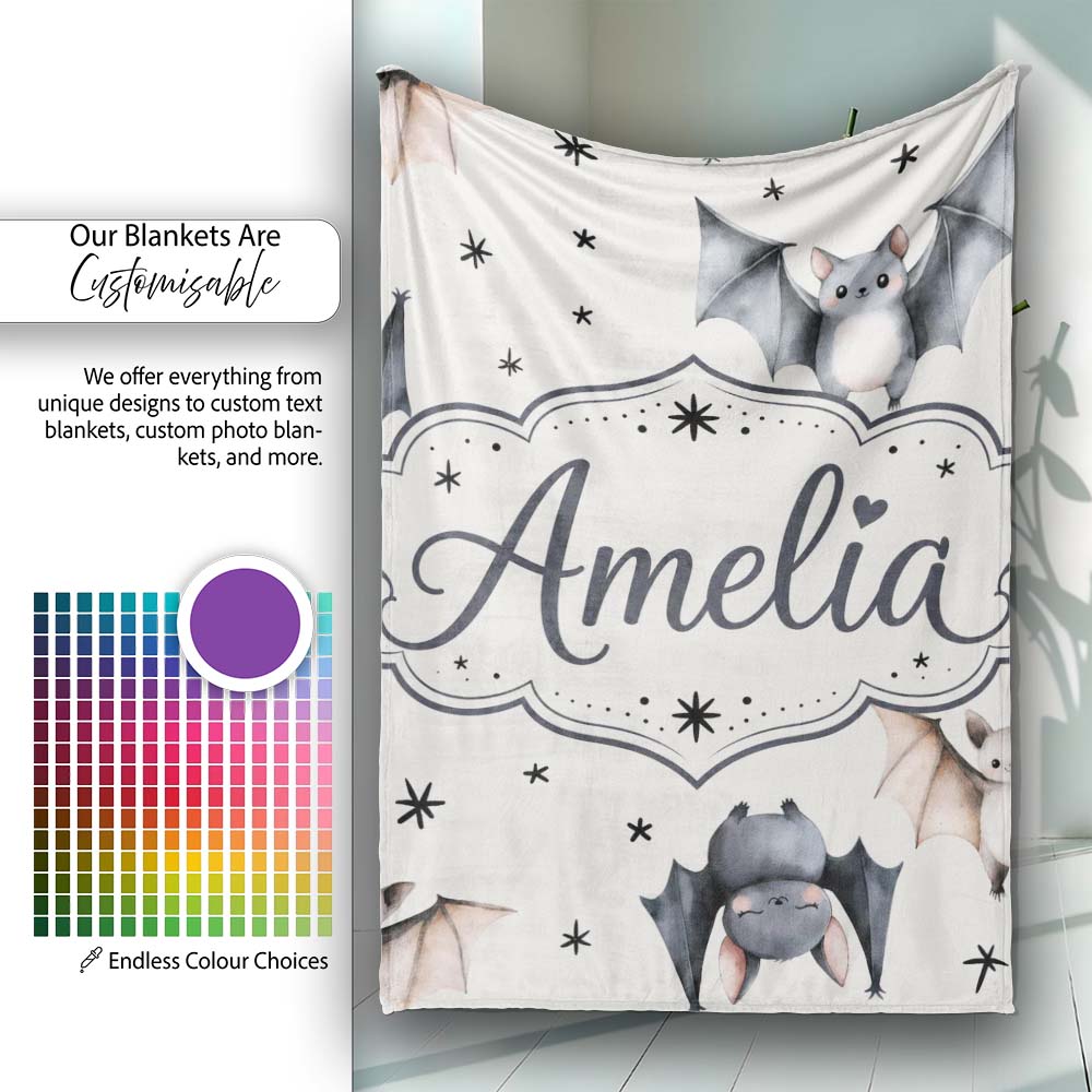 Cute Watercolor Bats and Stars Seamless Pattern Light Neutral Lovely Personalised Custom Name Super Soft Fleece Blanket Bed Sofa Throw