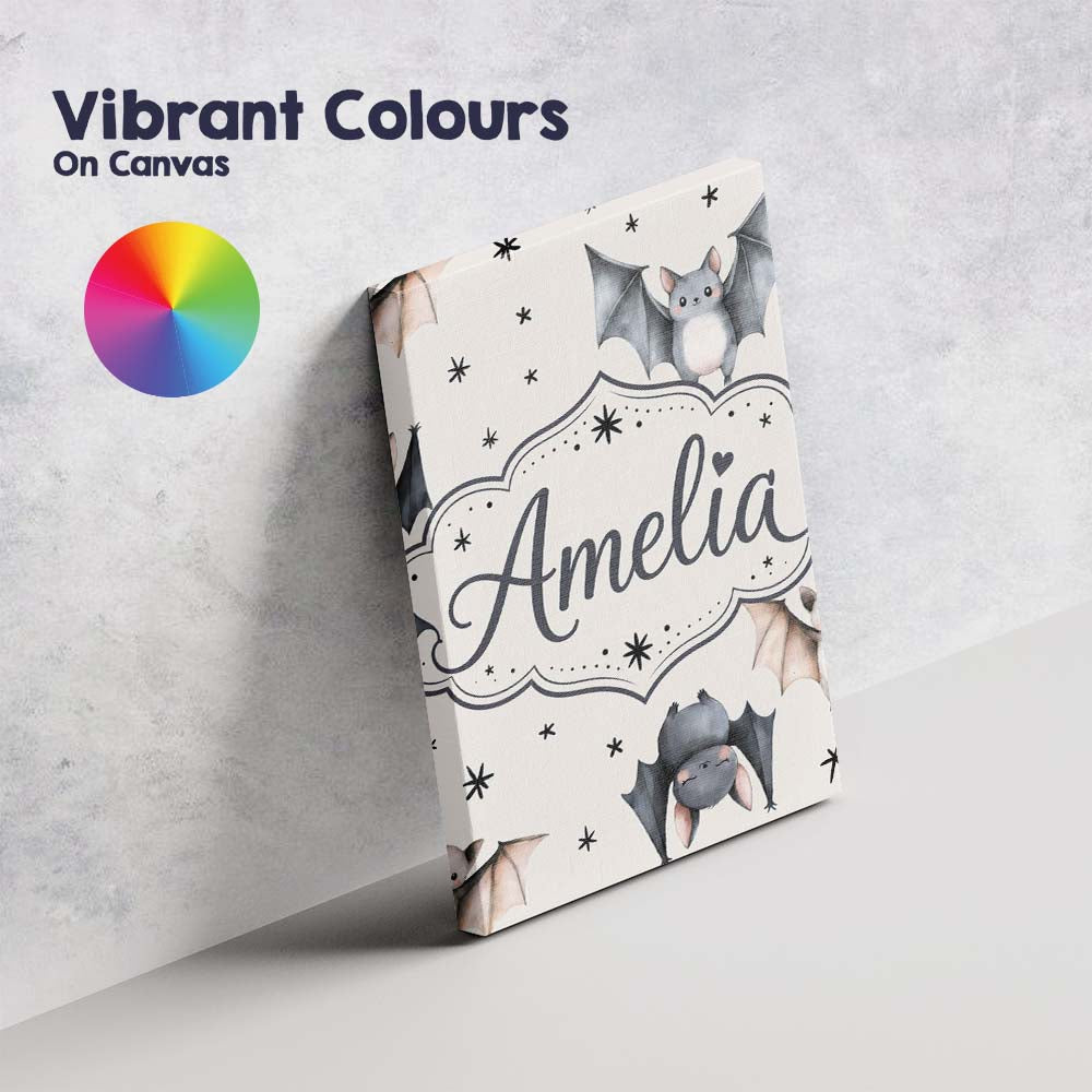 Personalised Name Cute Watercolor Bats and Custom Unique Gift Idea Elegant Feature Canvas Wall Art Print Decor Picture Ready to Hang