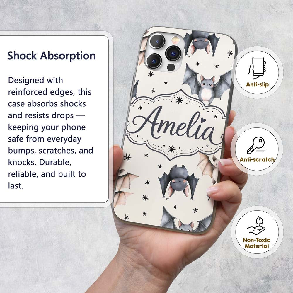 Cute Watercolor Bats and Stars Seamless Pattern Custom Name Protective Phone Case Mobile Cover Durable Everyday Smartphone Shock Resistant