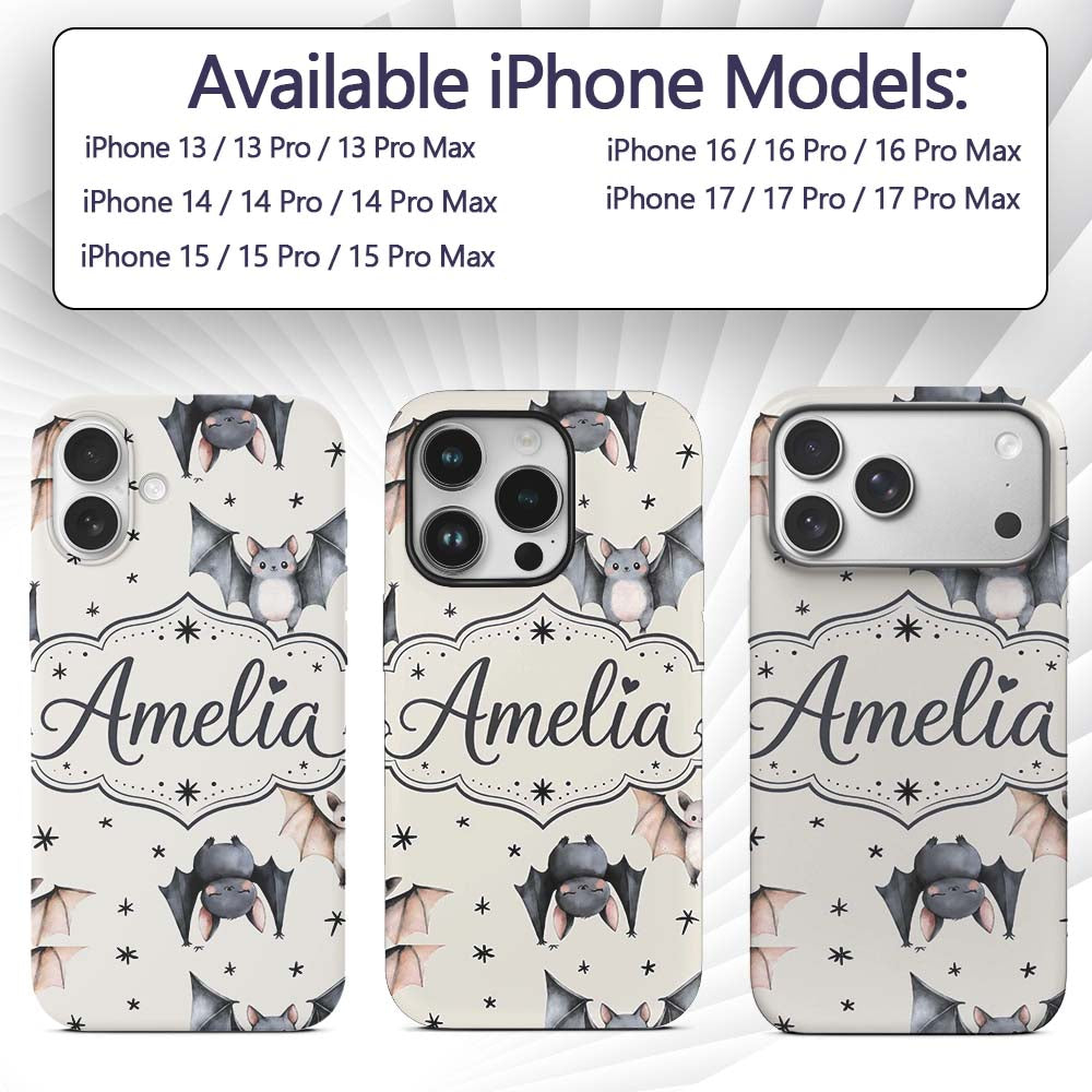 Cute Watercolor Bats and Stars Seamless Pattern Custom Name Protective Phone Case Mobile Cover Durable Everyday Smartphone Shock Resistant