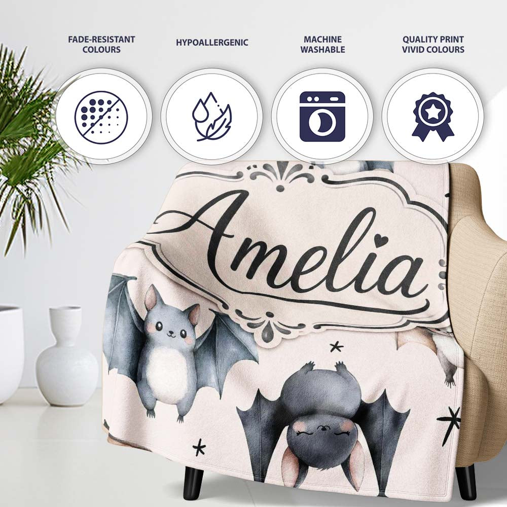 Cute Watercolor Bats and Stars Seamless Pattern Warm Cream Lovely Personalised Custom Name Super Soft Fleece Blanket Bed Sofa Throw