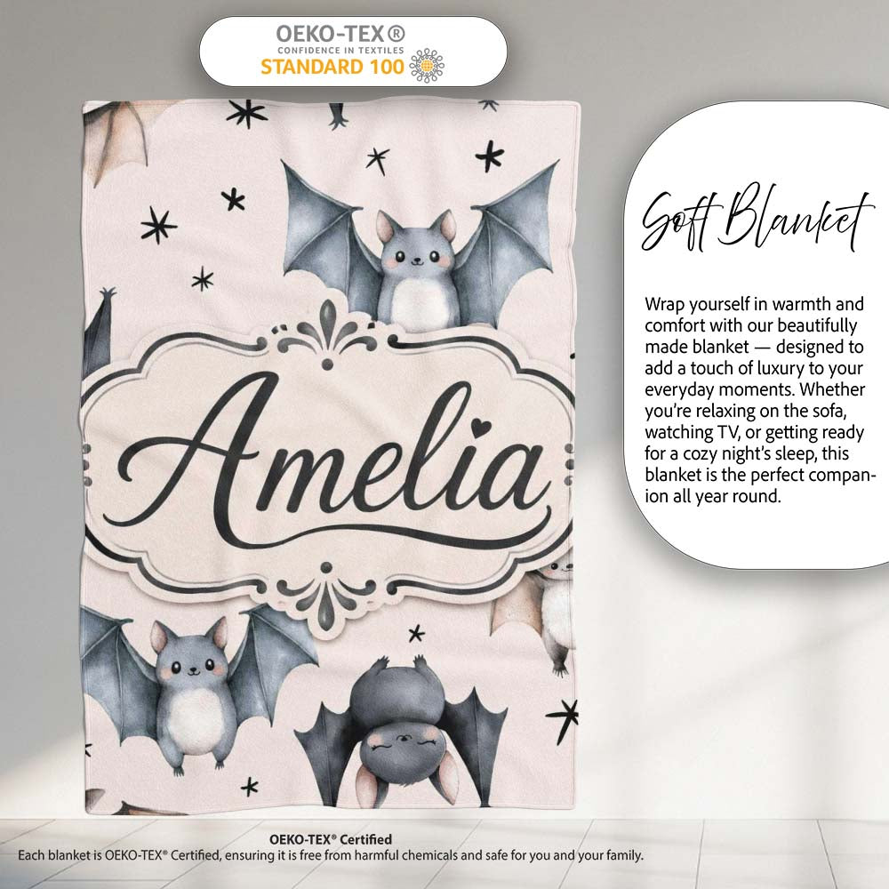Cute Watercolor Bats and Stars Seamless Pattern Warm Cream Lovely Personalised Custom Name Super Soft Fleece Blanket Bed Sofa Throw