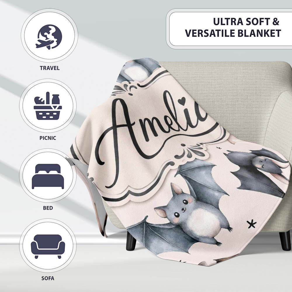 Cute Watercolor Bats and Stars Seamless Pattern Warm Cream Lovely Personalised Custom Name Super Soft Fleece Blanket Bed Sofa Throw