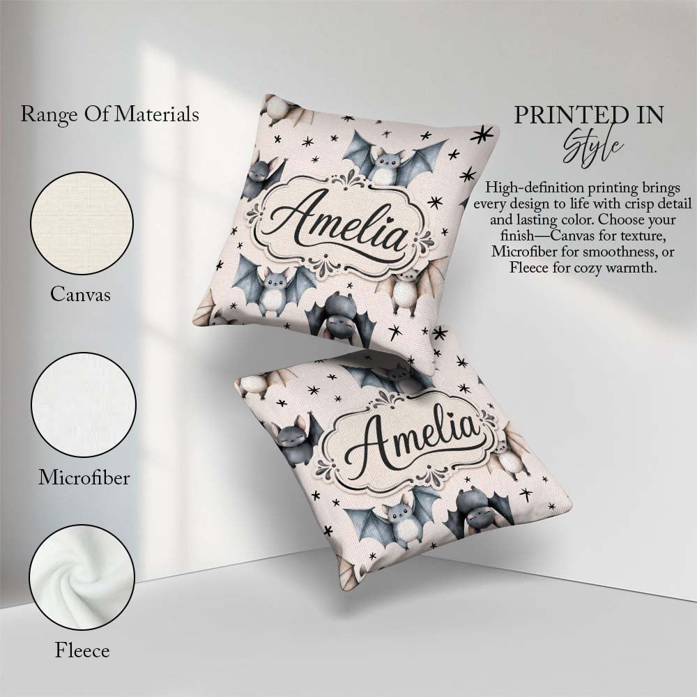 Custom Name Cute Watercolor Bats and Stars Seamless Pattern Warm Square Filled Cushion Throw Pillow Sofa Bed Home Decor Zip Washable UK Made