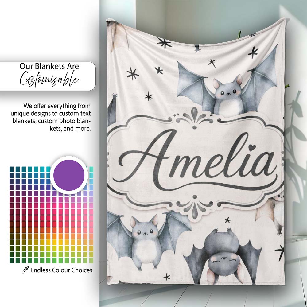 Cute Watercolor Bats and Stars Seamless Pattern Warm Cream Lovely Personalised Custom Name Super Soft Fleece Blanket Bed Sofa Throw