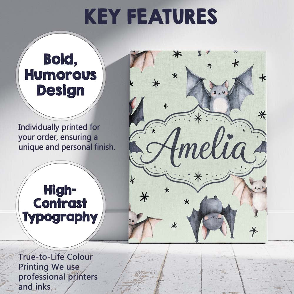 Personalised Name Cute Watercolor Bats and Custom Unique Gift Idea Elegant Feature Canvas Wall Art Print Decor Picture Ready to Hang