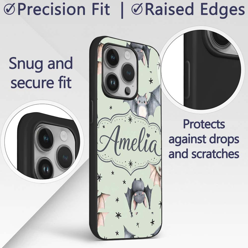 Cute Watercolor Bats and Stars Seamless Pattern Custom Name Protective Phone Case Mobile Cover Durable Everyday Smartphone Shock Resistant