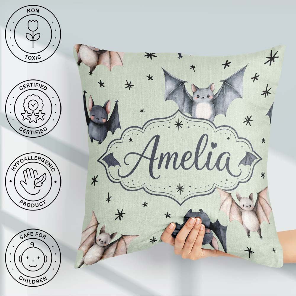 Custom Name Cute Watercolor Bats and Stars Seamless Pattern Soft Square Filled Cushion Throw Pillow Sofa Bed Home Decor Zip Washable UK Made