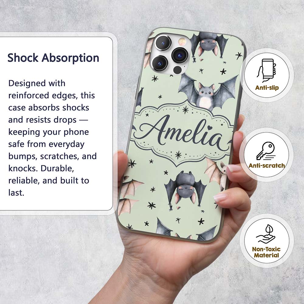 Cute Watercolor Bats and Stars Seamless Pattern Custom Name Protective Phone Case Mobile Cover Durable Everyday Smartphone Shock Resistant