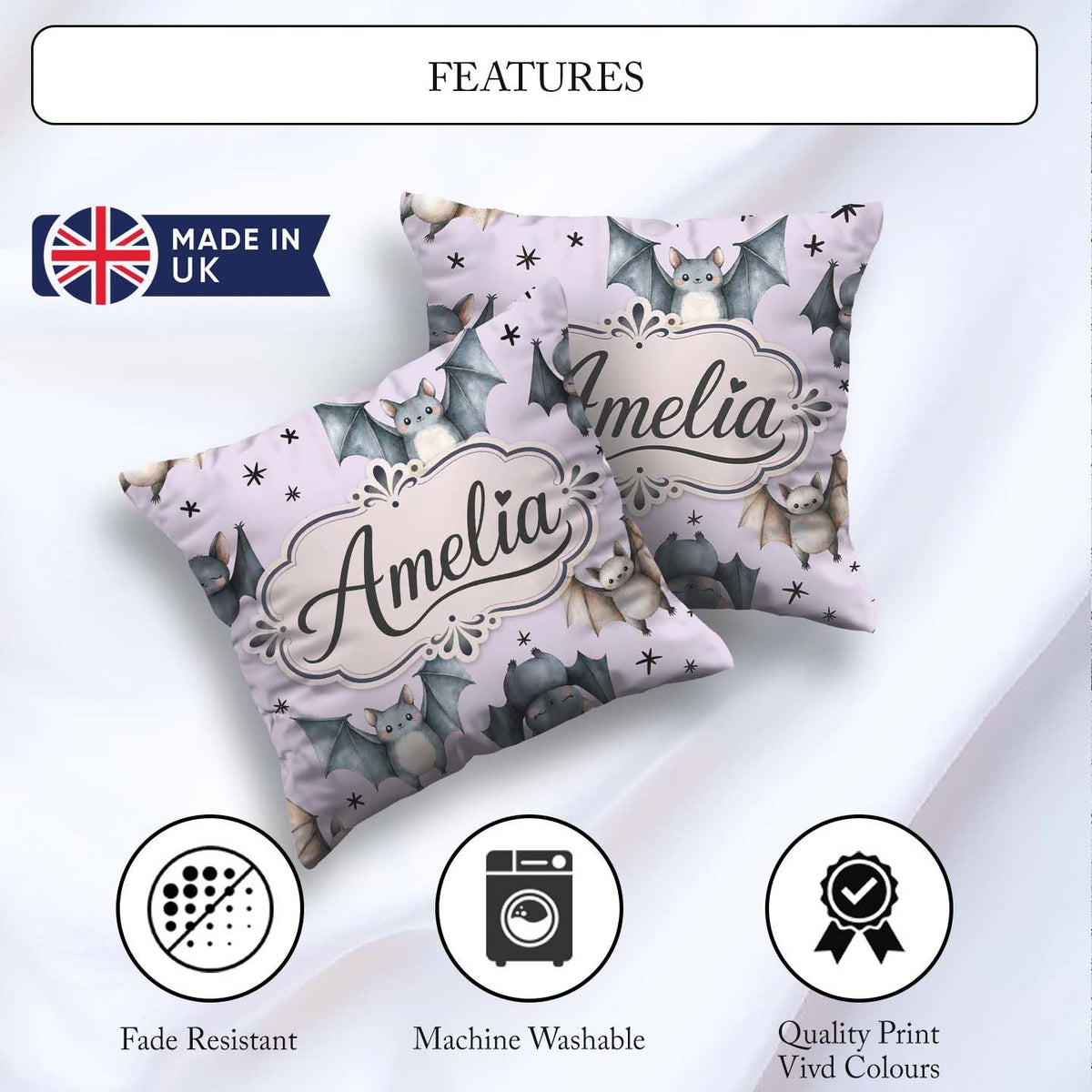 Custom Name Cute Watercolor Bats and Stars Seamless Pastel Lilac Square Filled Cushion Throw Pillow Sofa Bed Home Decor Zip Washable UK Made
