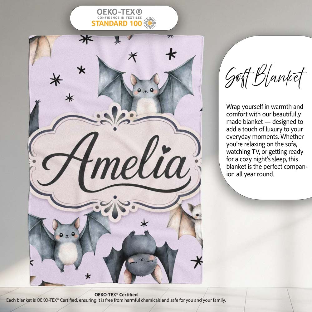 Cute Watercolor Bats and Stars Seamless Pattern Pastel Lilac Lovely Personalised Custom Name Super Soft Fleece Blanket Bed Sofa Throw