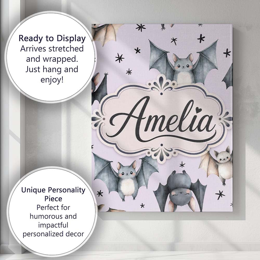 Personalised Name Cute Watercolor Bats and Custom Unique Gift Idea Elegant Feature Canvas Wall Art Print Decor Picture Ready to Hang