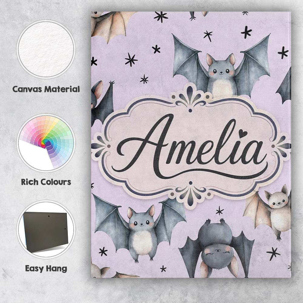 Personalised Name Cute Watercolor Bats and Custom Unique Gift Idea Elegant Feature Canvas Wall Art Print Decor Picture Ready to Hang