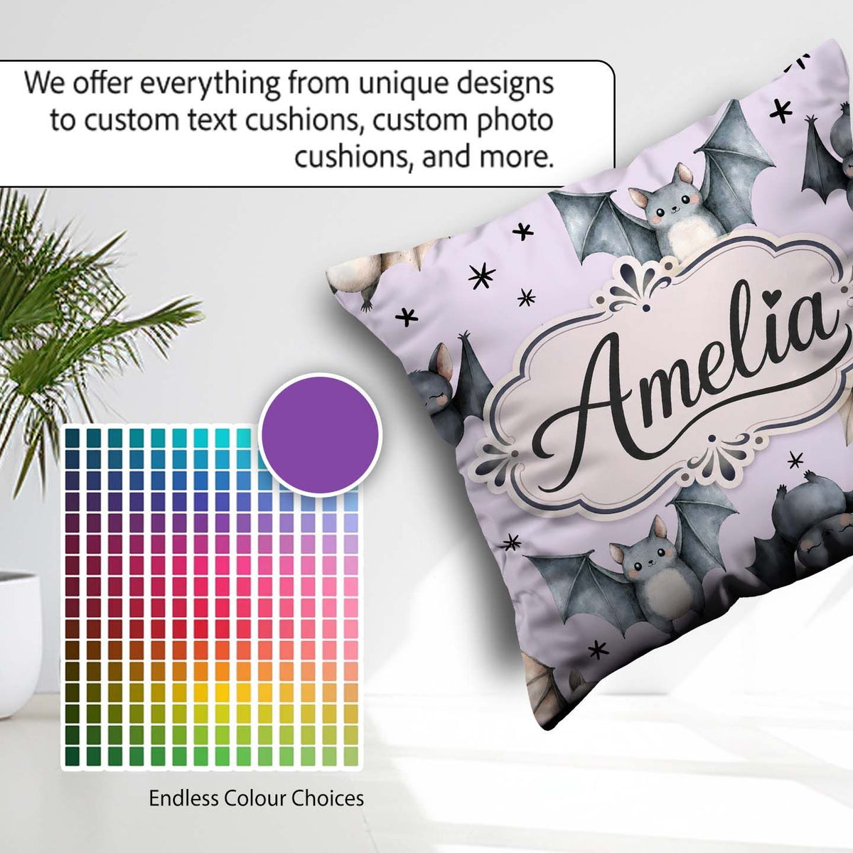 Custom Name Cute Watercolor Bats and Stars Seamless Pastel Lilac Square Filled Cushion Throw Pillow Sofa Bed Home Decor Zip Washable UK Made
