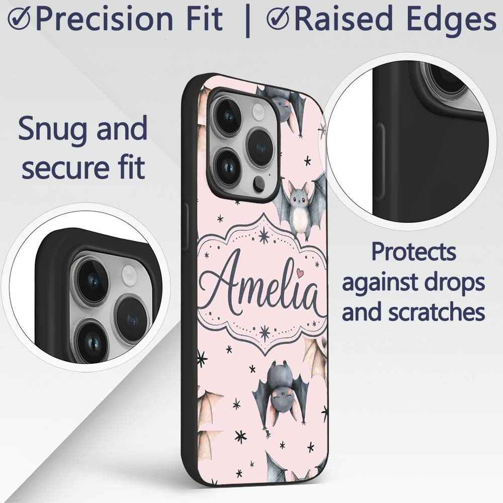 Cute Watercolor Bats and Stars Seamless Pattern Custom Name Protective Phone Case Mobile Cover Durable Everyday Smartphone Shock Resistant