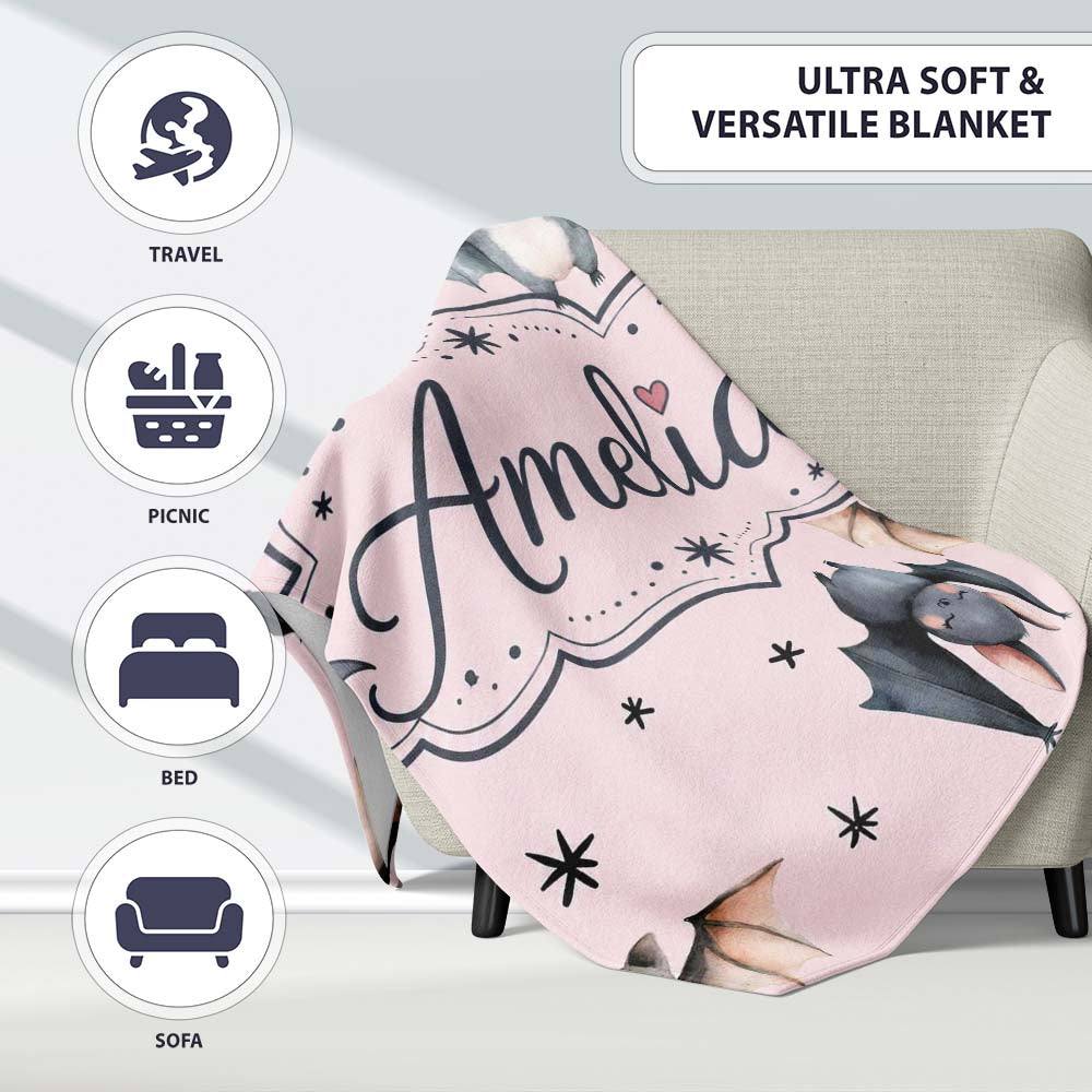 Cute Watercolor Bats and Stars Seamless Pattern Blush Pink Lovely Personalised Custom Name Super Soft Fleece Blanket Bed Sofa Throw
