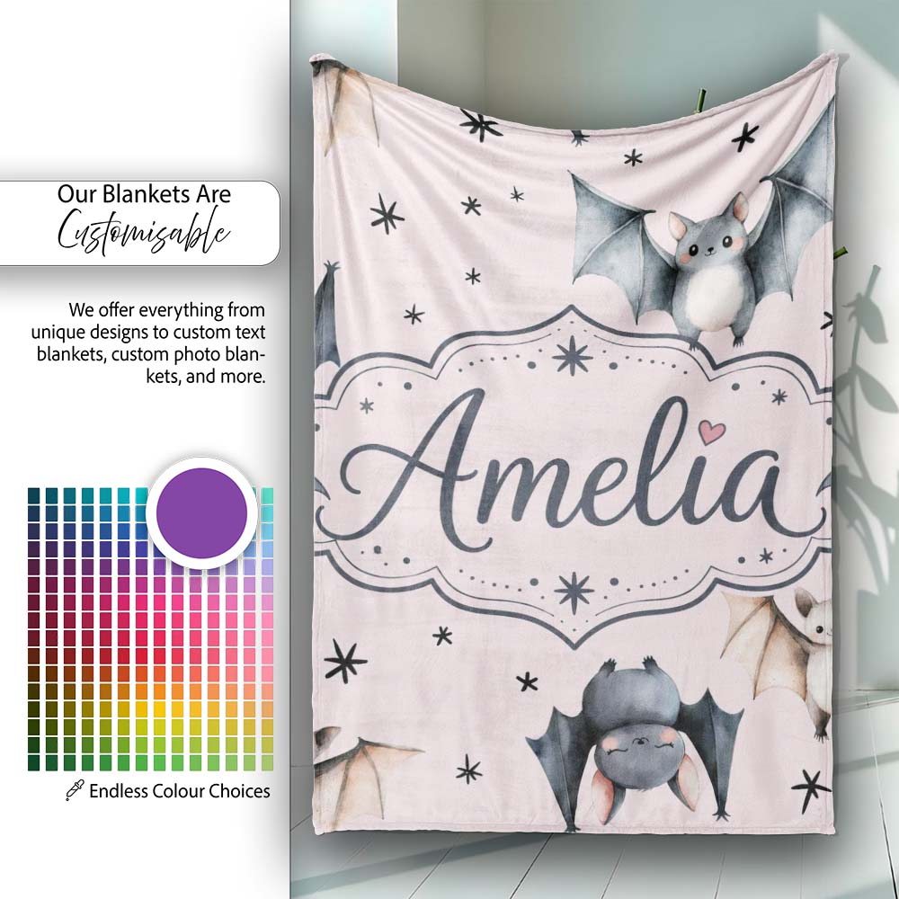 Cute Watercolor Bats and Stars Seamless Pattern Blush Pink Lovely Personalised Custom Name Super Soft Fleece Blanket Bed Sofa Throw