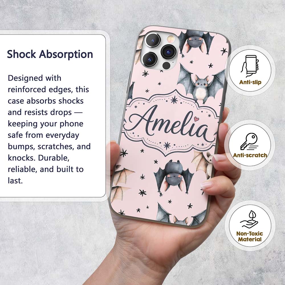 Cute Watercolor Bats and Stars Seamless Pattern Custom Name Protective Phone Case Mobile Cover Durable Everyday Smartphone Shock Resistant