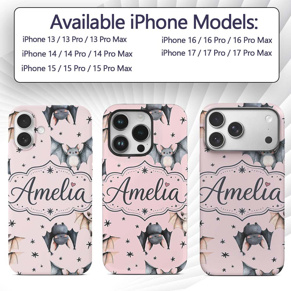 Cute Watercolor Bats and Stars Seamless Pattern Custom Name Protective Phone Case Mobile Cover Durable Everyday Smartphone Shock Resistant