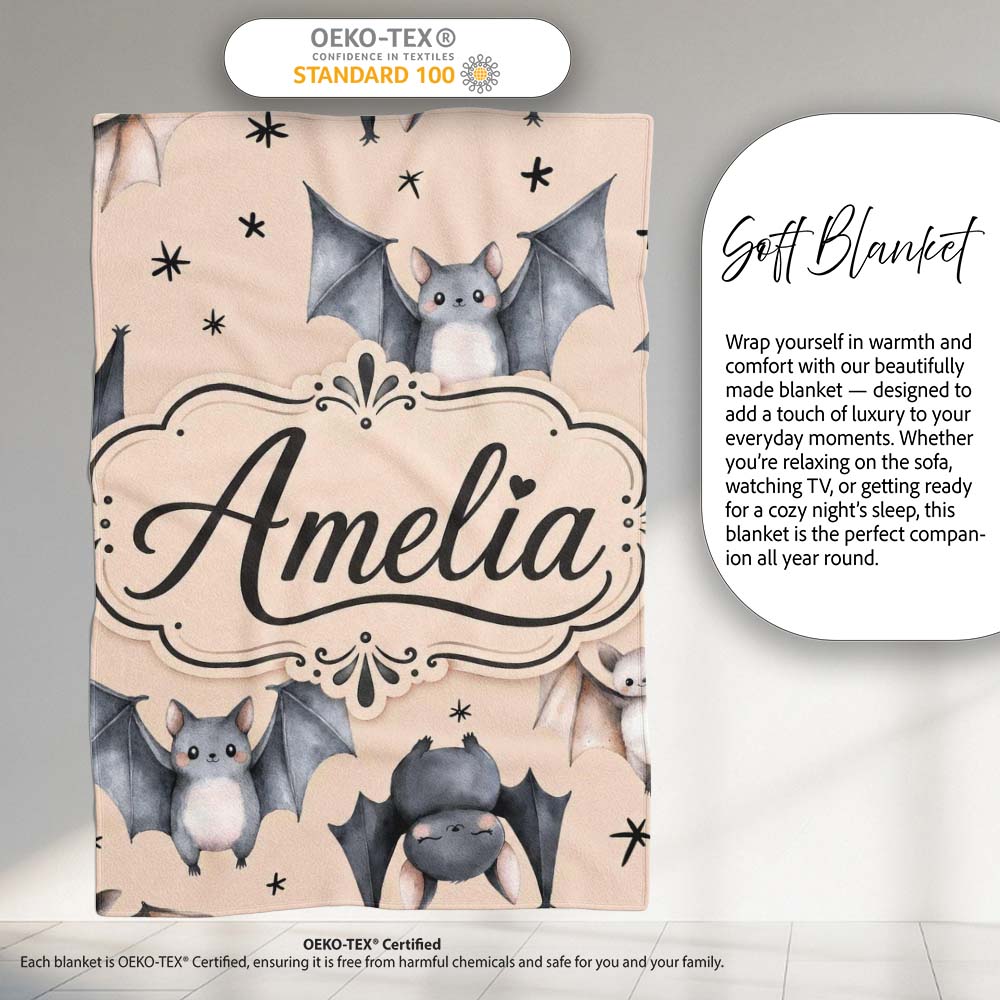 Cute Watercolor Bats and Stars Seamless Pattern Pale Beige Lovely Personalised Custom Name Super Soft Fleece Blanket Bed Sofa Throw