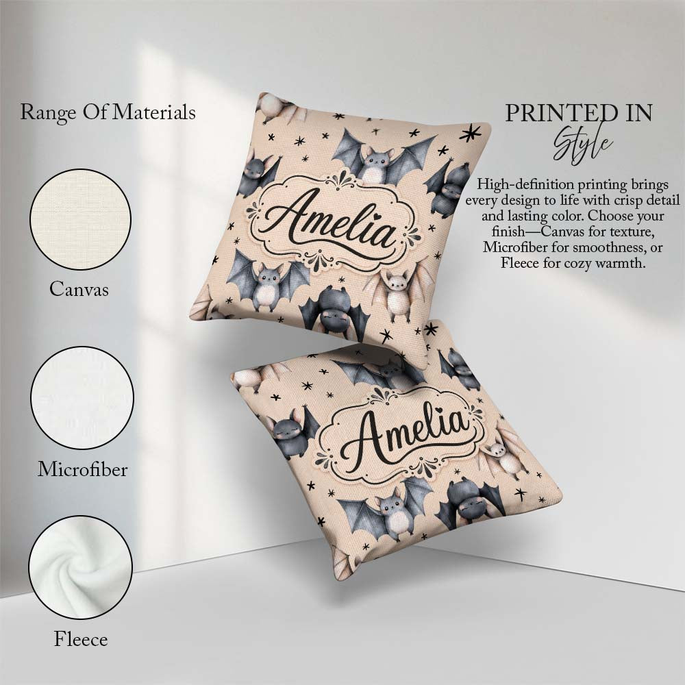 Custom Name Cute Watercolor Bats and Stars Seamless Pattern Pale Square Filled Cushion Throw Pillow Sofa Bed Home Decor Zip Washable UK Made