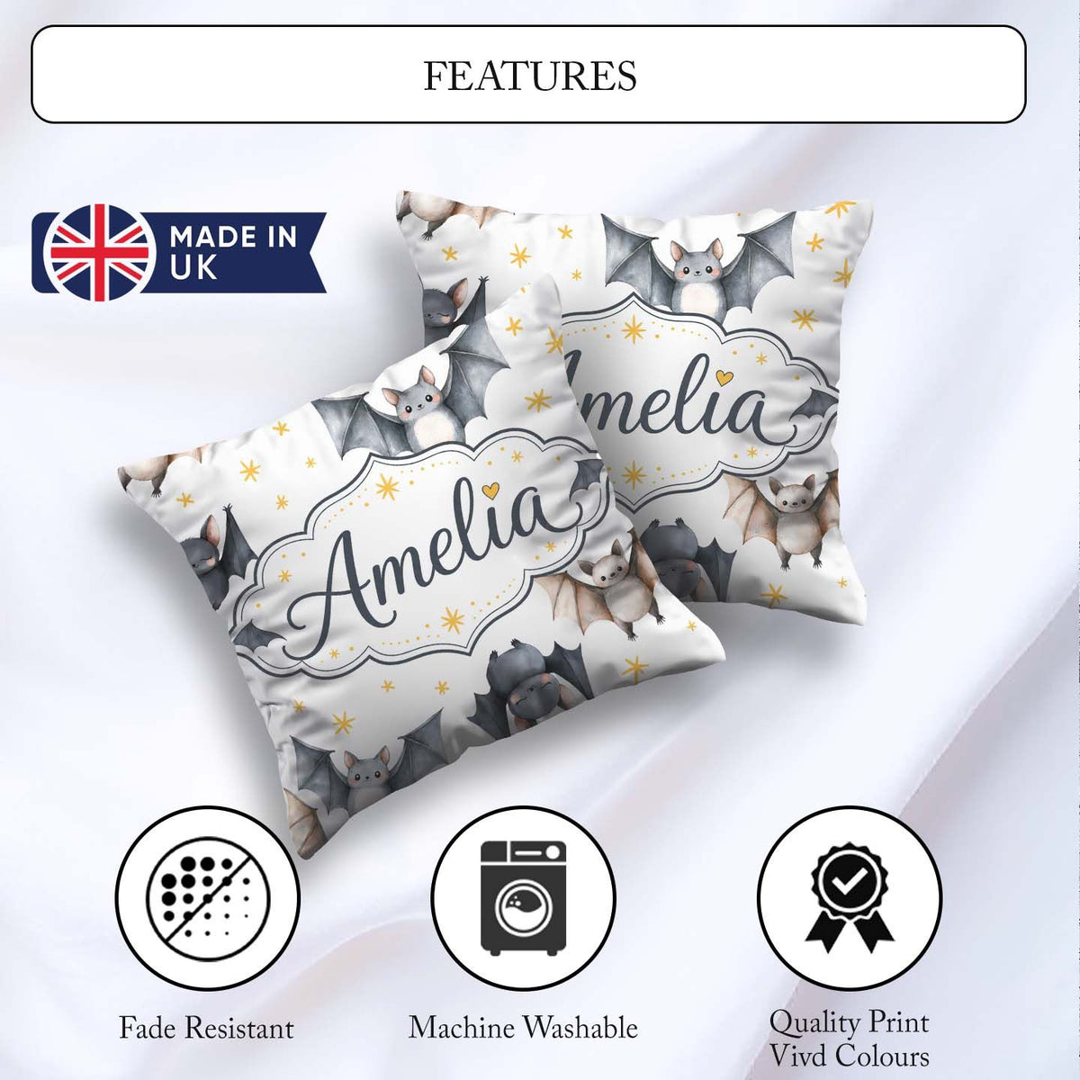 Custom Name Watercolor Bats and Stars Seamless Pattern Warm Sand Square Filled Cushion Throw Pillow Sofa Bed Home Decor Zip Washable UK Made