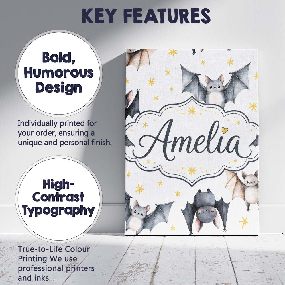Personalised Name Cute Watercolor Bats and Custom Unique Gift Idea Elegant Feature Canvas Wall Art Print Decor Picture Ready to Hang