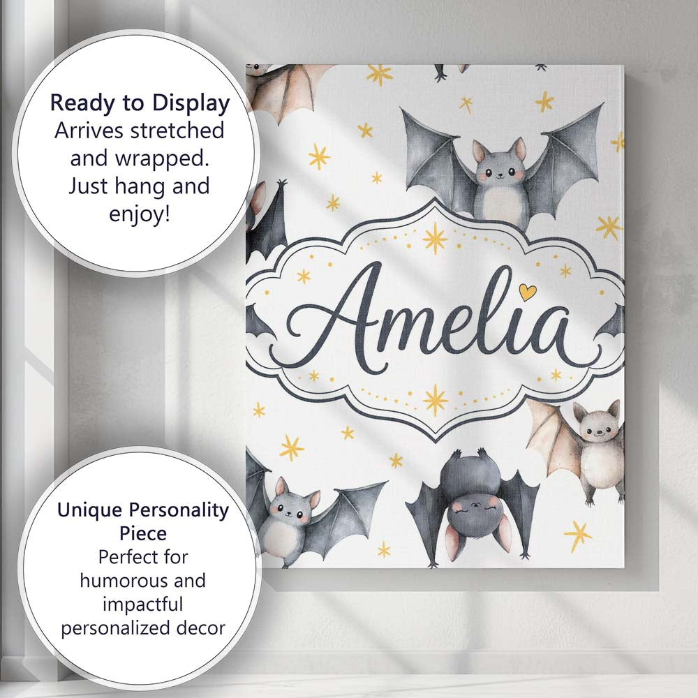 Personalised Name Cute Watercolor Bats and Custom Unique Gift Idea Elegant Feature Canvas Wall Art Print Decor Picture Ready to Hang