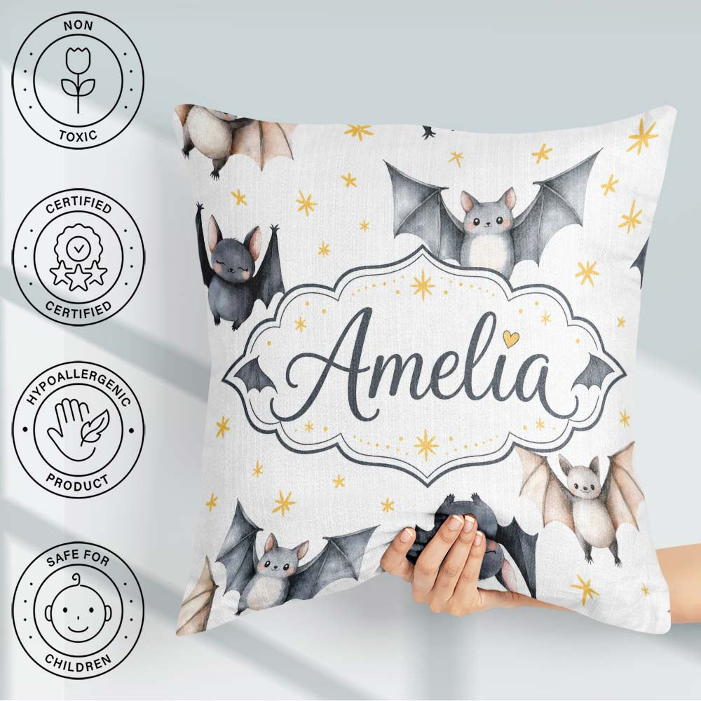 Custom Name Watercolor Bats and Stars Seamless Pattern Warm Sand Square Filled Cushion Throw Pillow Sofa Bed Home Decor Zip Washable UK Made