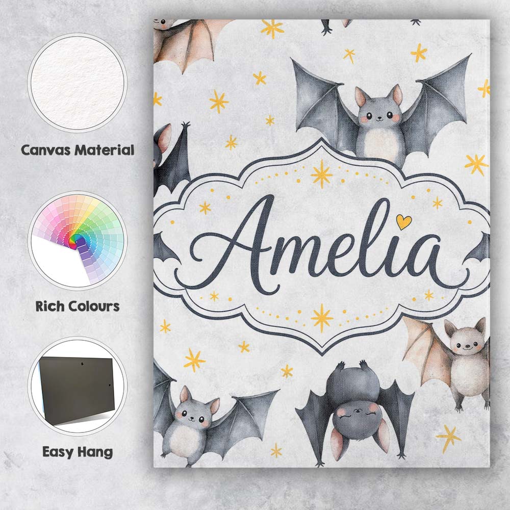 Personalised Name Cute Watercolor Bats and Custom Unique Gift Idea Elegant Feature Canvas Wall Art Print Decor Picture Ready to Hang