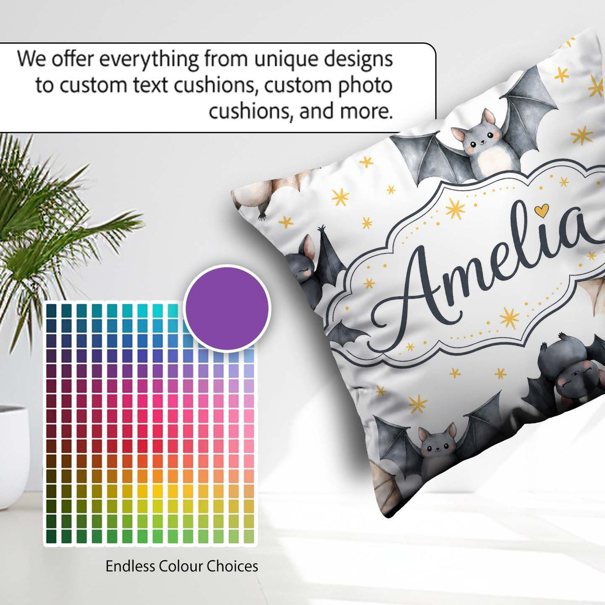 Custom Name Watercolor Bats and Stars Seamless Pattern Warm Sand Square Filled Cushion Throw Pillow Sofa Bed Home Decor Zip Washable UK Made