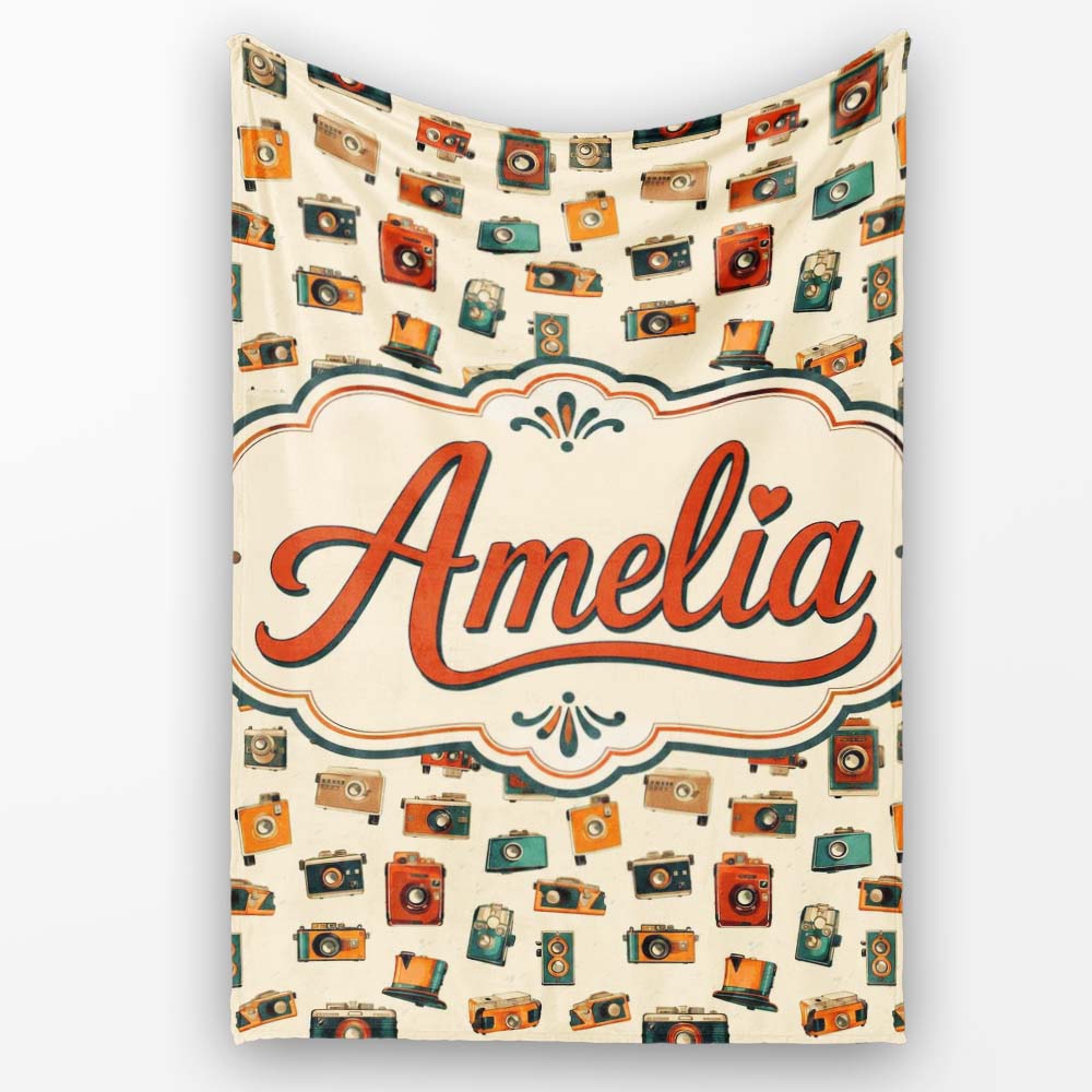 Vintage Retro Camera Collection Seamless Pattern with Film Cameras Personalised Custom Name Super Soft Fleece Blanket Bed Sofa Throw